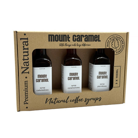 Mount Caramel – Šokoladas · Cinamonas · Meduoliai, sirupų rinkinys, 3x100 ml
