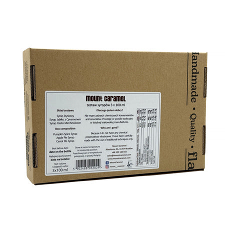 Mount Caramel – Moliūgas · Morkų pyragas · Obuolys su cinamonu, sirupų rinkinys, 3x100 ml