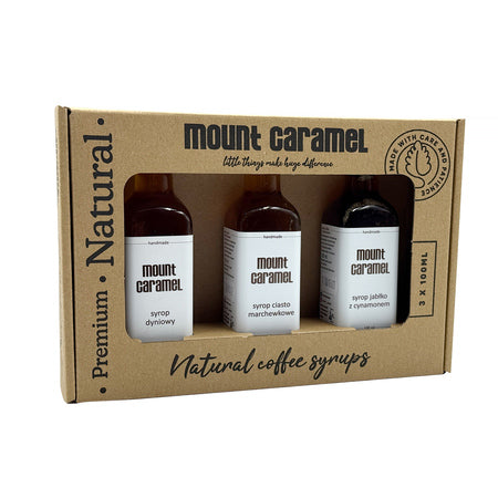 Mount Caramel – Moliūgas · Morkų pyragas · Obuolys su cinamonu, sirupų rinkinys, 3x100 ml
