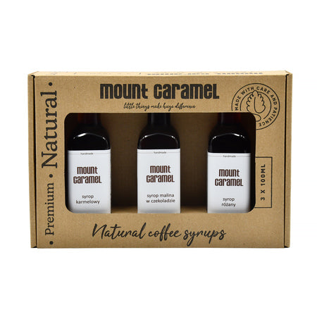 Mount Caramel – Karamelė · Rožė · Avietės šokolade, sirupų rinkinys, 3x100 ml