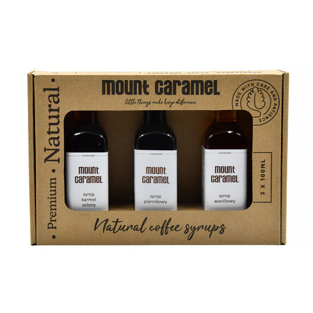 Mount Caramel – Meduoliai · Sūdyta karamelė  ·  Vanilė, sirupų rinkinys, 3x100 ml